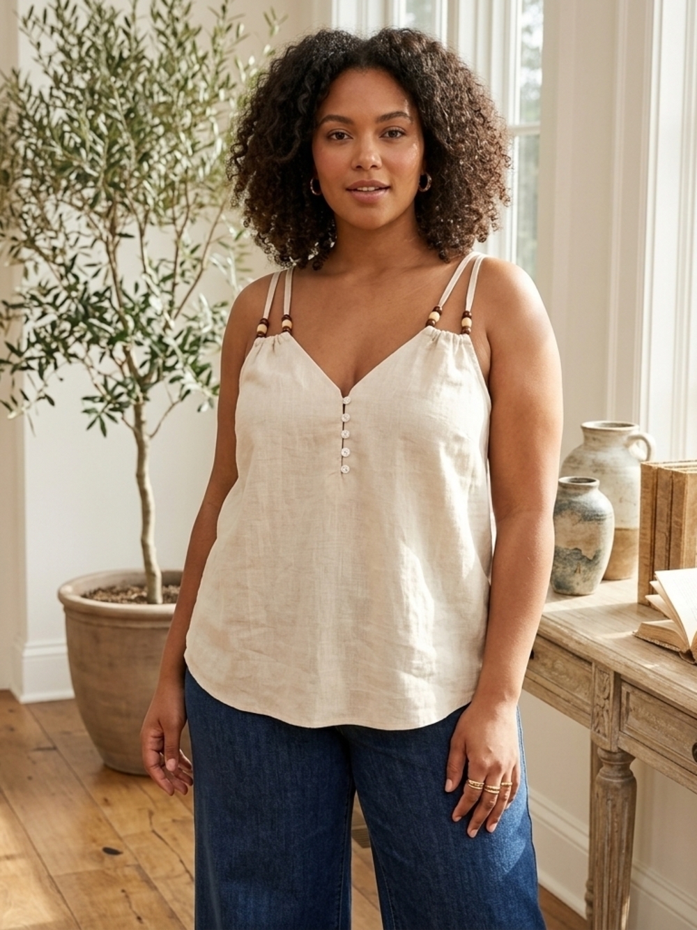 Cupshe Natural Beige Linen V-Neck Cami with Double Straps 100% Cotton